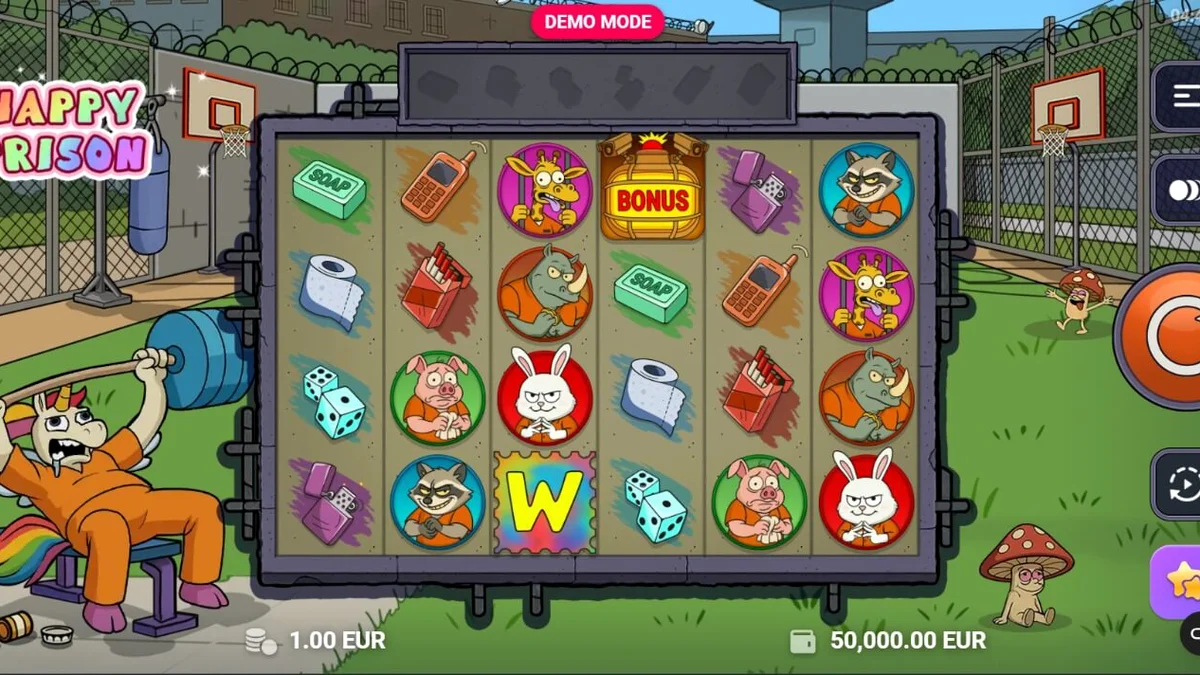 Happy Prison slot machine interface na may cartoonish na tema ng kulungan