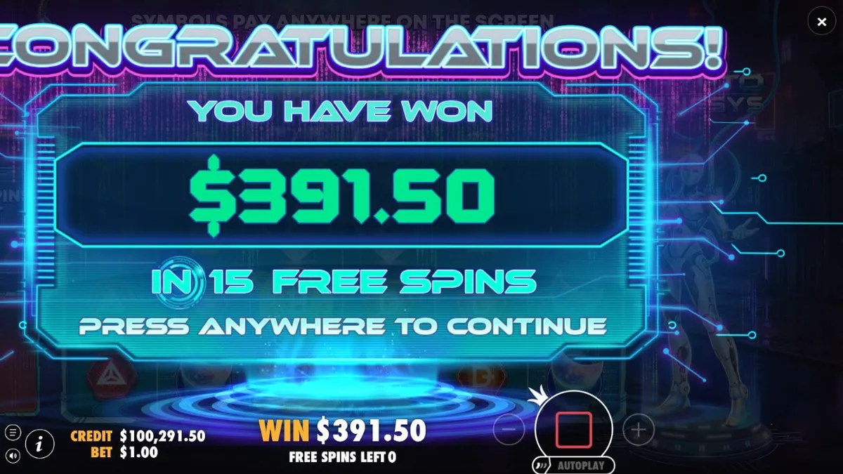 Isang futuristic na cyberpunk slot machine na may temang crypto at neon na disenyo.