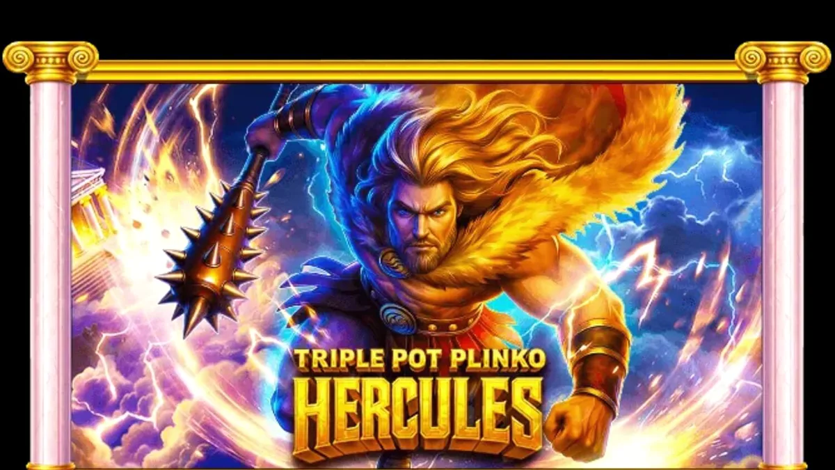 Mobile gameplay interface ng Triple Pot Plinko – Hercules na nagpapakita ng mga makukulay na kaldero at pyramid ng Plinko.