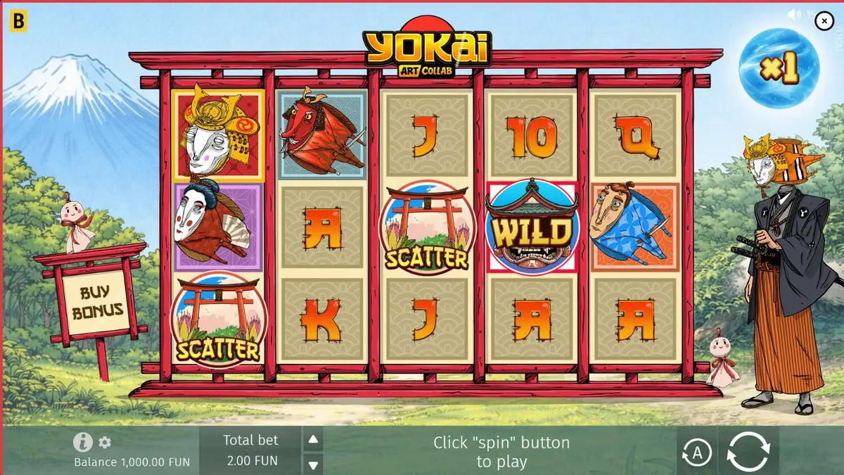 Ang makulay at masining na disenyo ng Yokai slot na may temang Japanese folklore.